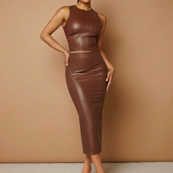 Brown Elegant Womens Solid PU Leather Tank Top & Pencil Skirt - Picture 5 of 5